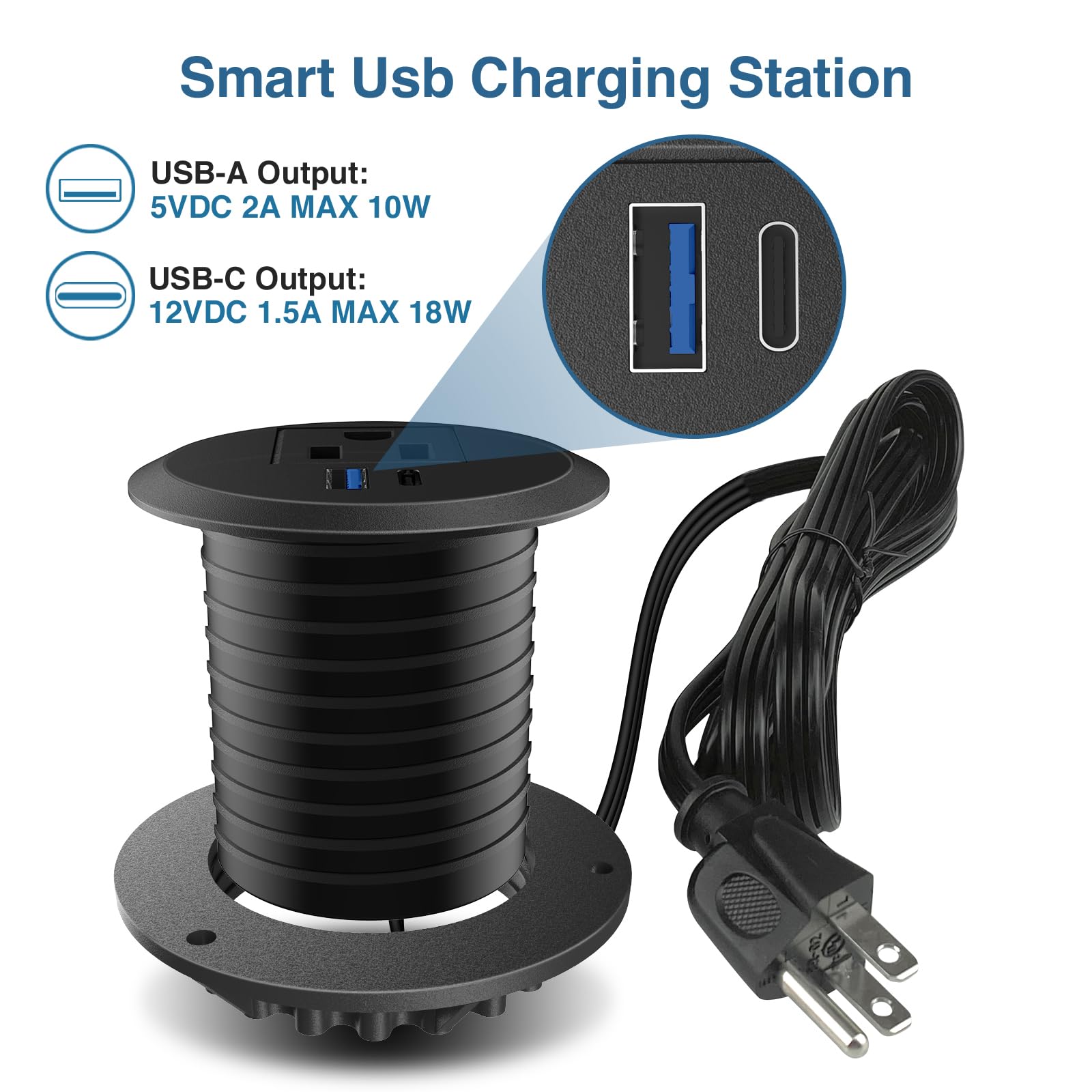 Desktop Power Grommet, 5.1 cm Desktop Power Grommet Outlet, Recessed Power Strip Outlet with 1 USB and 1 Type-C, 20W PD Fast Charge for Desk, Kitchen, Office, Home, Hotel and More