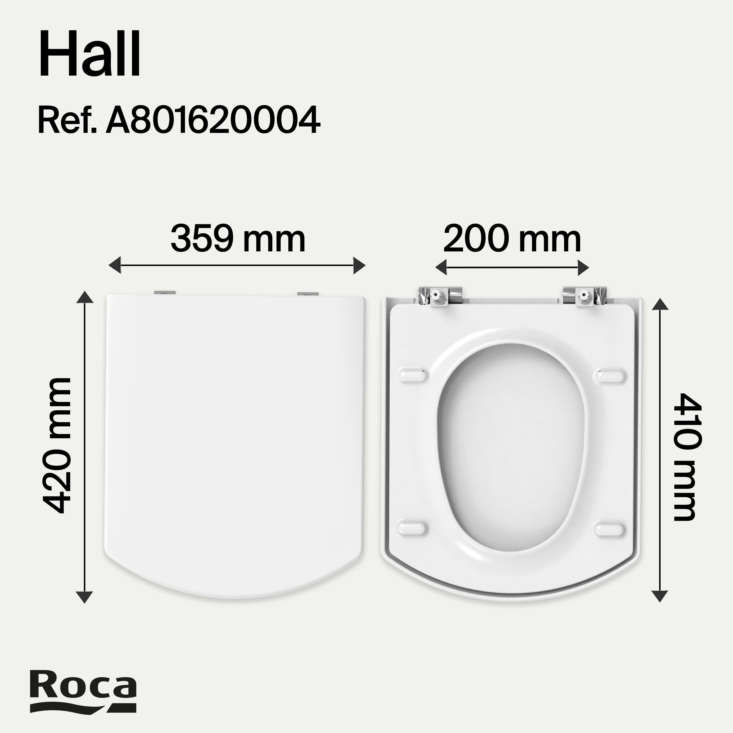 Roca Hall - Tapa y asiento para inodoro compacto con bisagras de acero inoxidable, tapadera de WC original con ajuste perfecto, recambio de tapa de váter resistente, blanco, A801620004