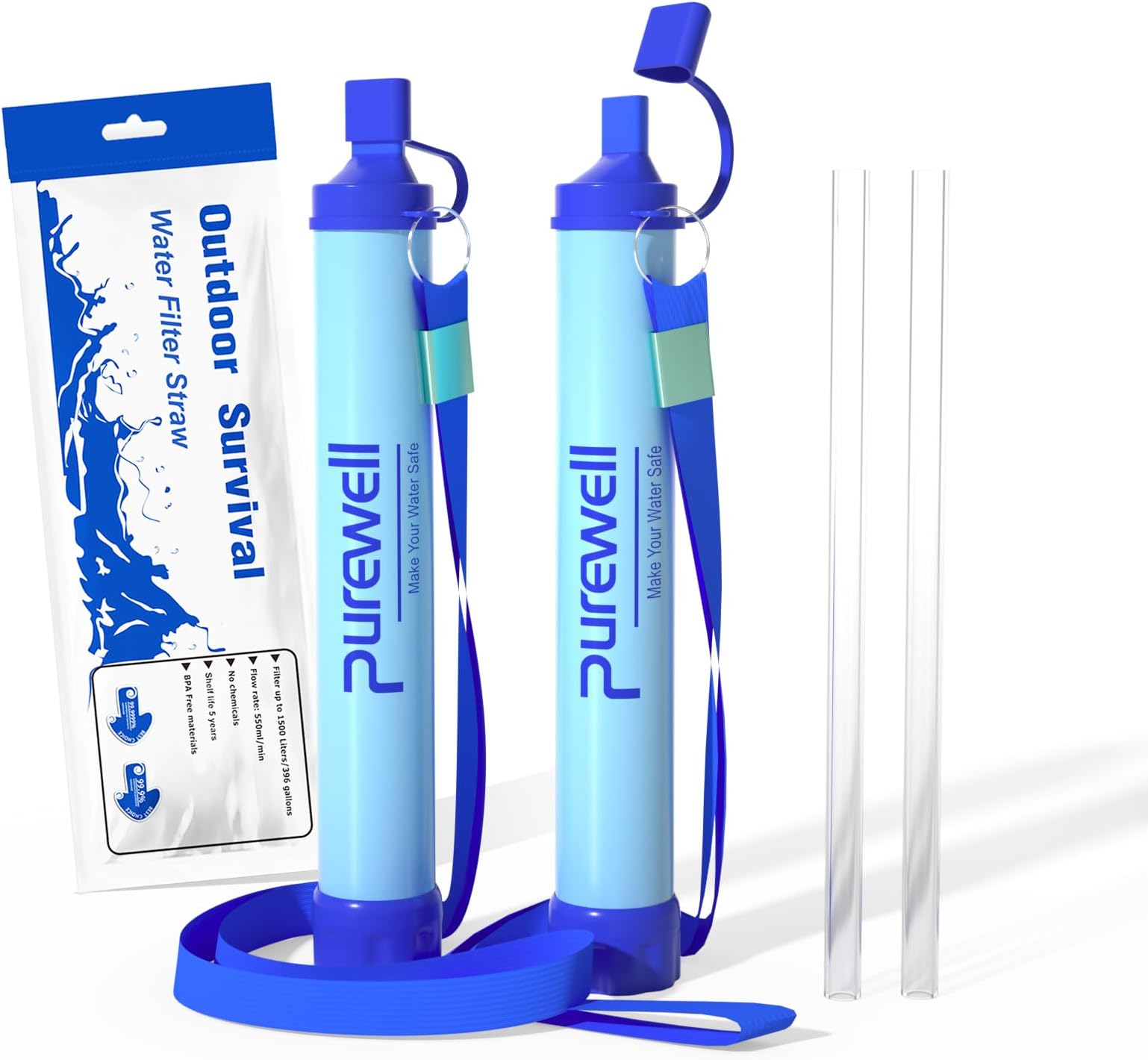 Outdoor Water Filter – 0.01 μm ultra-fine filter removes 99.99% of bacteria & heavy metals | 1500L filter capacity | Portable drinking water filter with neck strap for survival & outdoor