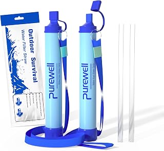 Purewell Outdoor-Wasserfilter – 0,01 μm Ultrafeinfilter entfernt 99,99% Bakterien & Schwermetalle | 1500 Litern Filterkapazität | Tragbarer Trinkwasserfilter mit Lanyard für Survival & Outdoor