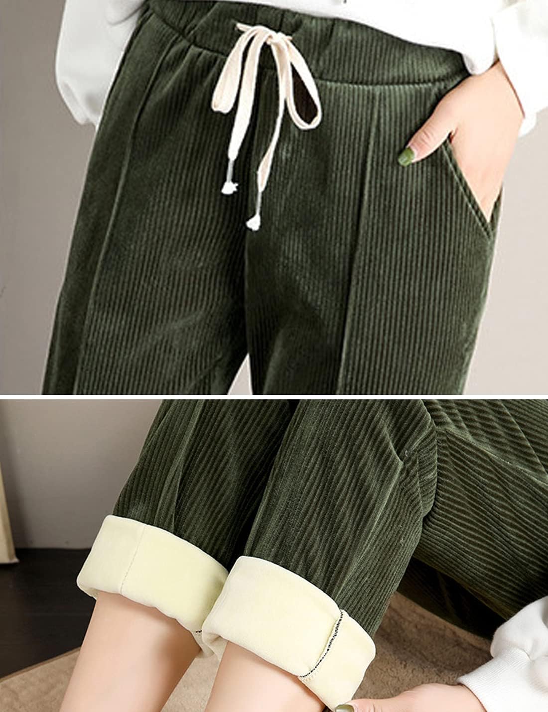ZGZZ7 Women's Winter Warm Drawstring Straight Leg Thermal Corduroy Fleece Pants