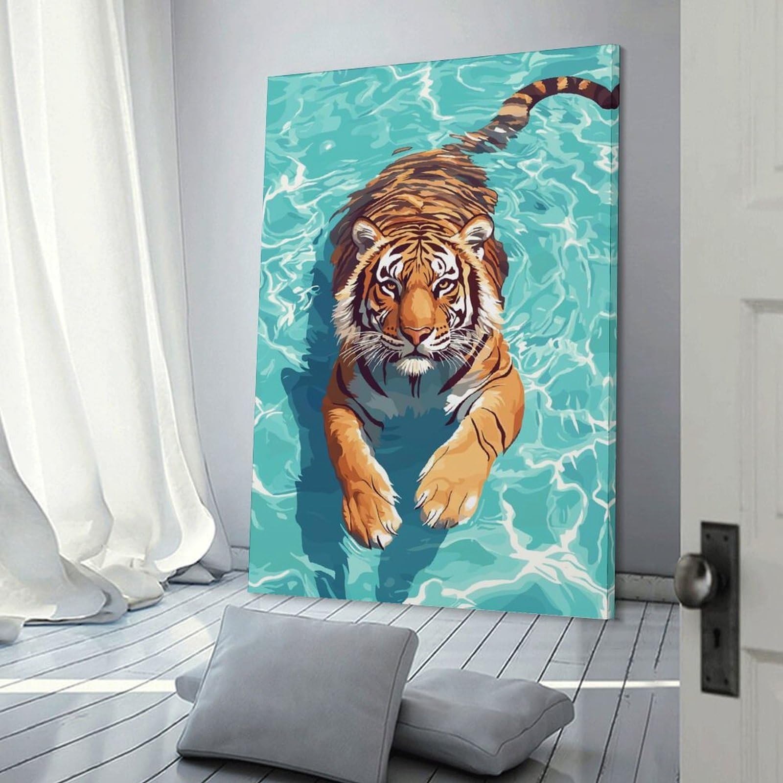 Junmoney Decorative Wall Artwork Tiger Swimming in Blue Water, 16x24inch(40x60cm), for Living Room, Bedroom Or Apartment Walls, Decorative Artwork for Empty Walls
