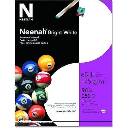 Neenah Premium Cardstock, 8.5" x 11", 65 lb/176 gsm, Bright White, 250 Sheets (91901)