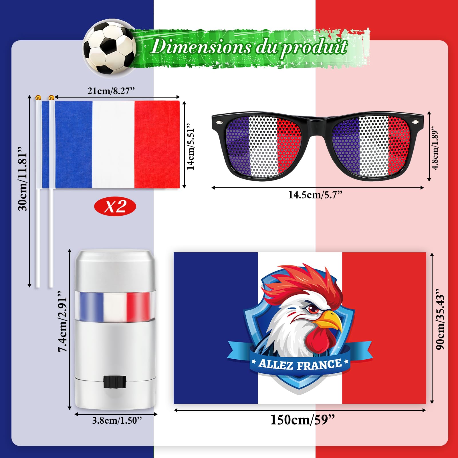 HOWAF Kit Supporter France, Drapeau France Cape, Petit Drapeau Francais, Maquillage Bleu Blanc Rouge, Lunettes pour Accessoires Photobooth Décorations 2026 Football Coupe du Monde