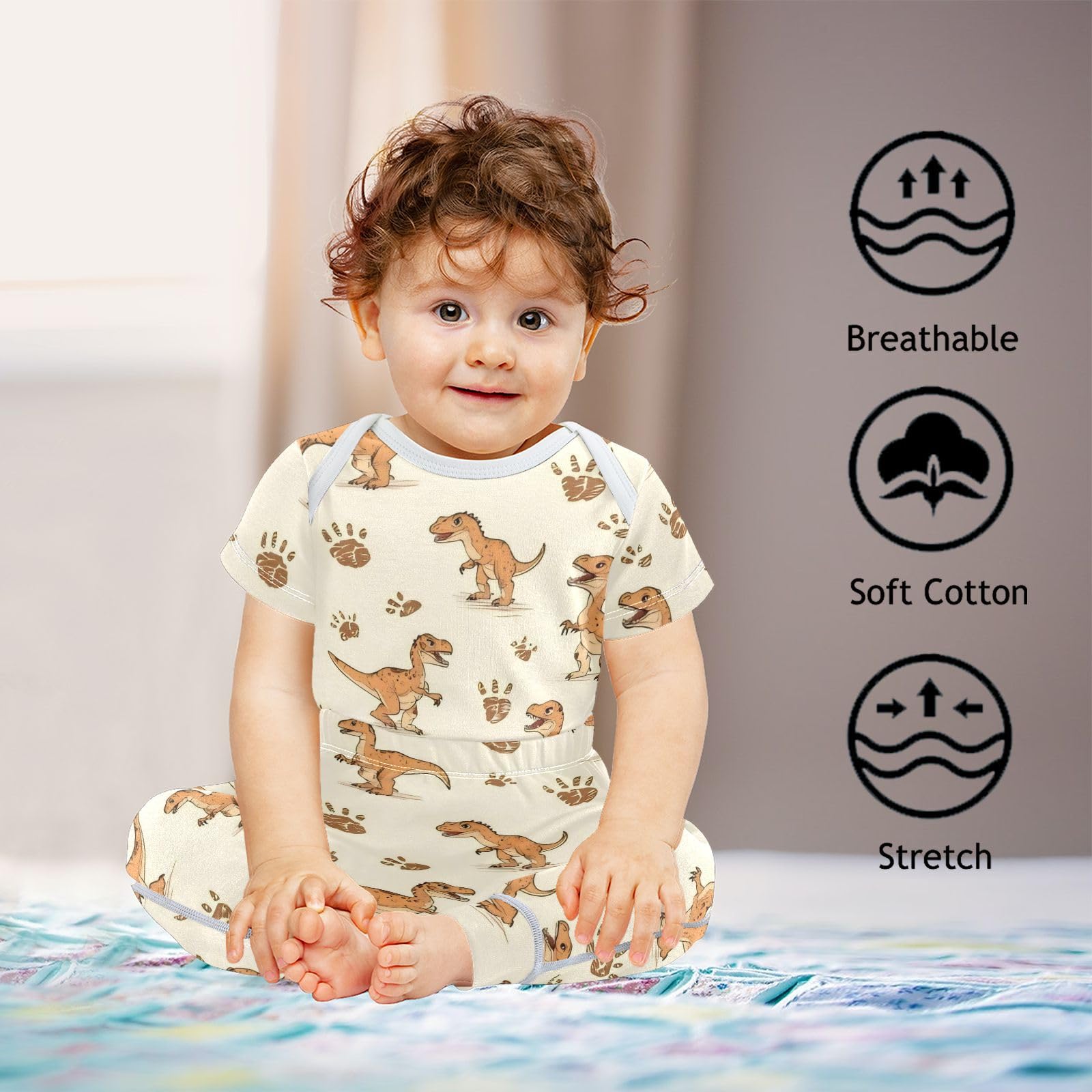vvfelixl Cartoon Yellow Dinosaurs Baby Bodysuits Set,Baby Layette Sets Unisex Short Sleeve Babys Pants Sets 6-9M
