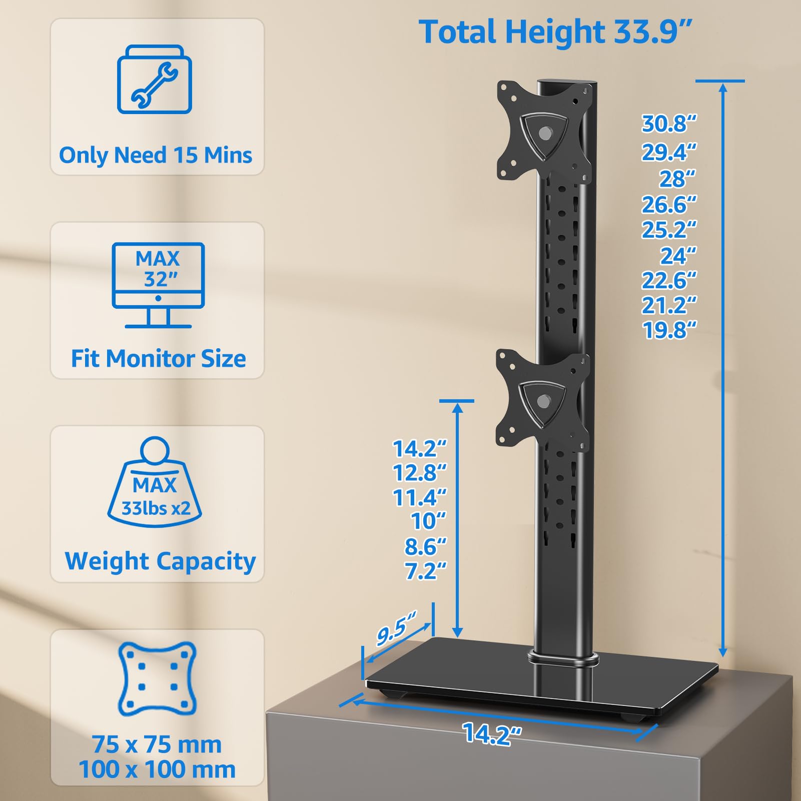 MOUNTUP Vertical Dual Monitor Stand, Stack Two Screens up to 32 inches,17.6 Lbs, Free-Standing Monitor Desk Mount, Monitor Riser with Swivel, Tilt, Height Adjustable, VESA Stand 100 x 100mm, 75 x 75mm