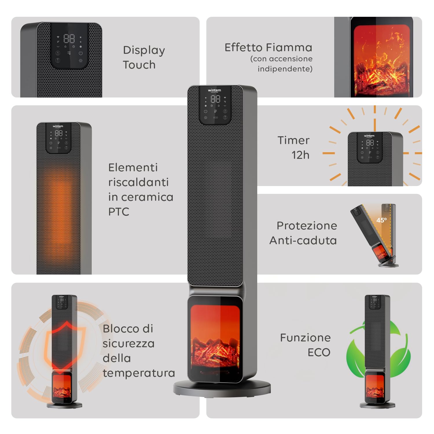 Stufa a Torre con Effetto fiamma e Controllo da Smartphone con App Caminetto Elettrico Doppia Potenza 800/2000W Display a LED con Telecomando
