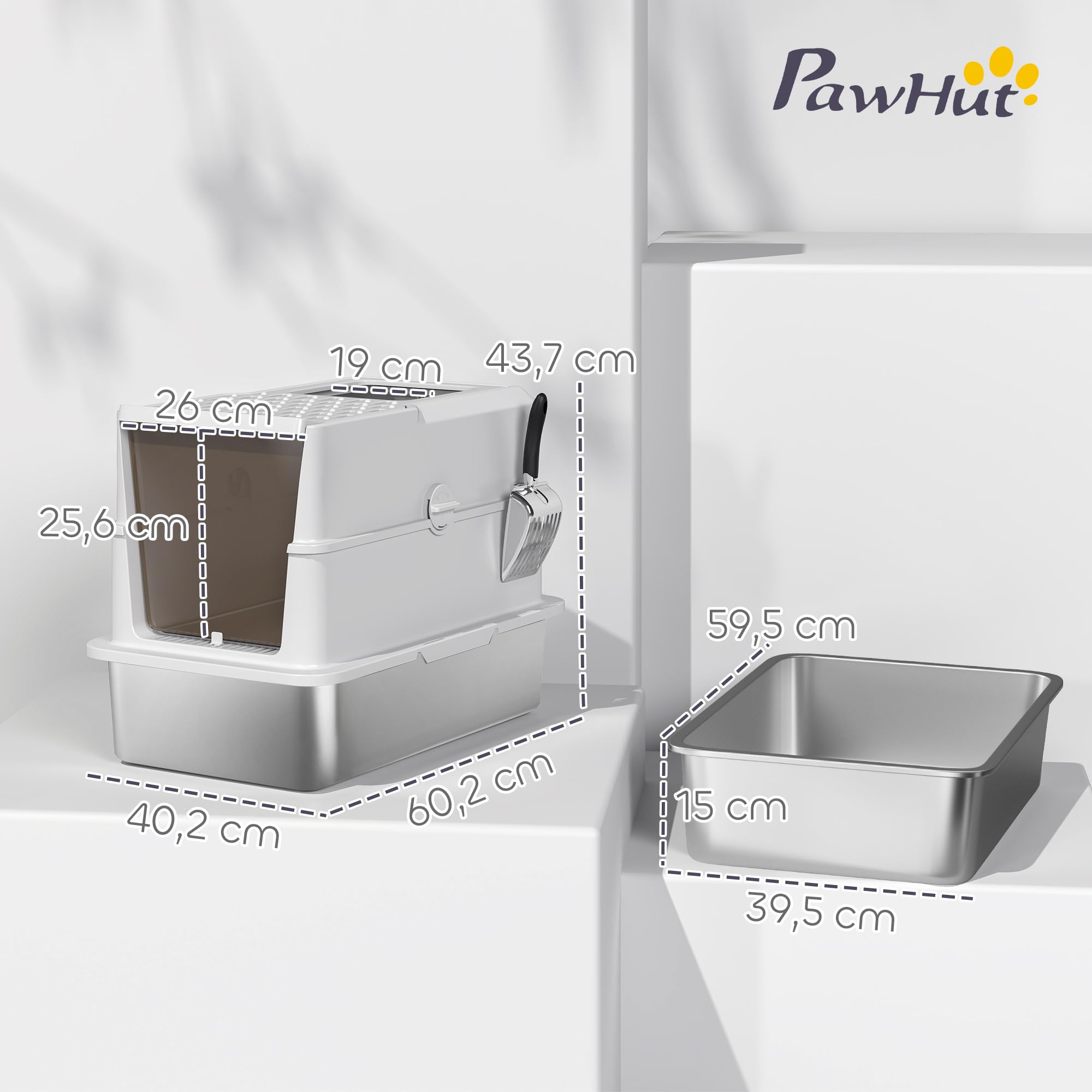 PawHut - Bandeja de arena para gatos cerrada de acero inoxidable, para gatos con pala, tapa abierta, puerta, antifugas y limpieza fácil, 60,2 x 40,2 x 43,7 cm, gris claro