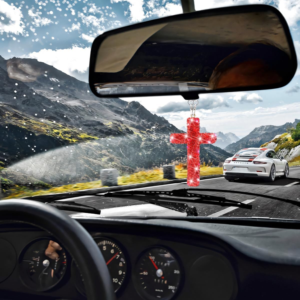 HZEL Bling Car Hanging Ornament, Cross Crystal Rhinestone Vehicle Rear View Mirror Pendant, Diamond Religious Rearview Mirror Decoration Charm, Universal Automotive Interior Accessories (Red) - Image 4