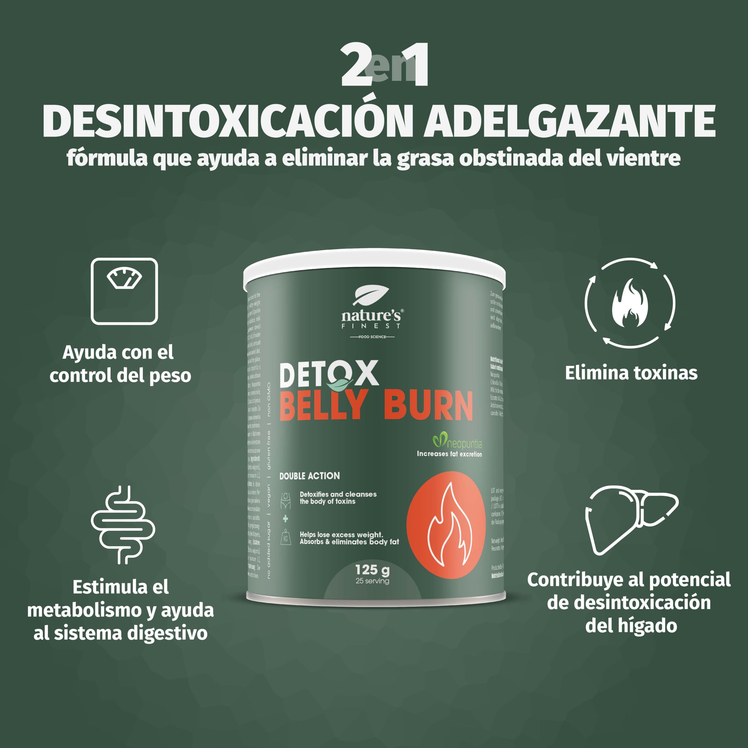 Nature's Finest Detox Belly Burn - Vientre Plano Quemagrasas con Extracto de Alcachofa y Cardo Mariano - Suplemento Nutricional Detox Adelgazante Potente Natural - Polvo