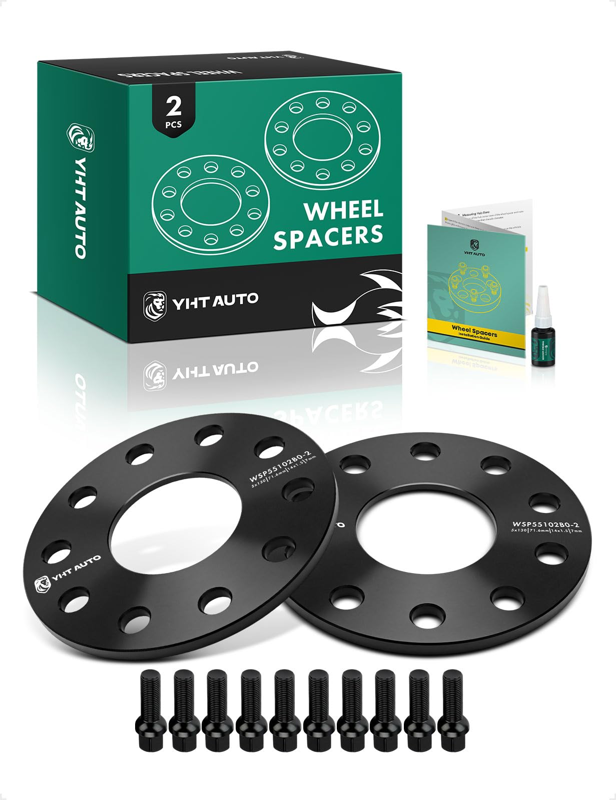 YHTAUTO 5x130mm Wheel Spacers 7mm Compatible with Touareg, Q7, Cayenne, Boxster, Panamera, Cayman, 911, 928, 944, 968 5 Lug Tire Spacers w/ 1/2" x 20 & 10.9 Grade Studs, 71.6mm Hub Bore 2PCS Black