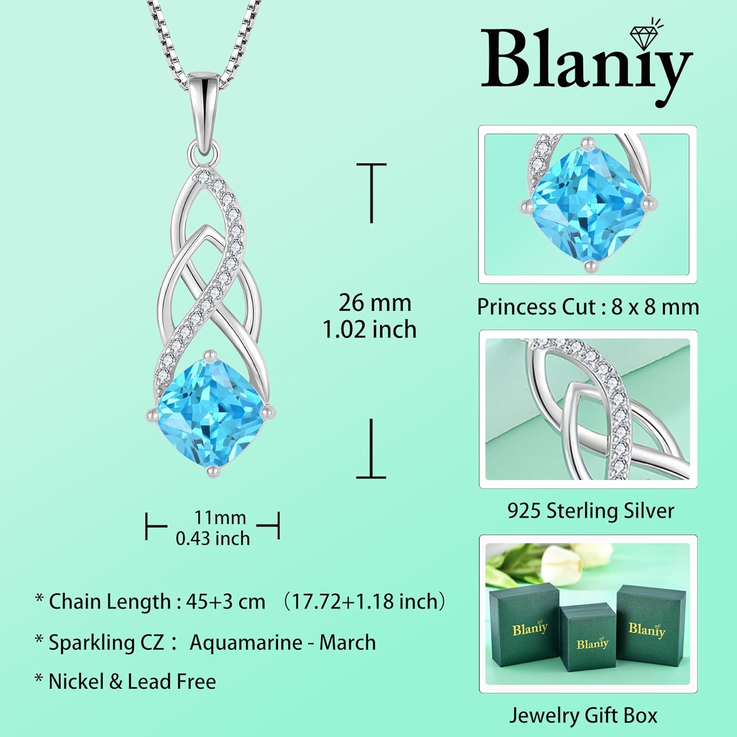 Infinity Necklace 925 Sterling Silver Celtic Knot Pendant Princess Cut Birthstone Necklace Jewelry Gifts for Women - Image 6