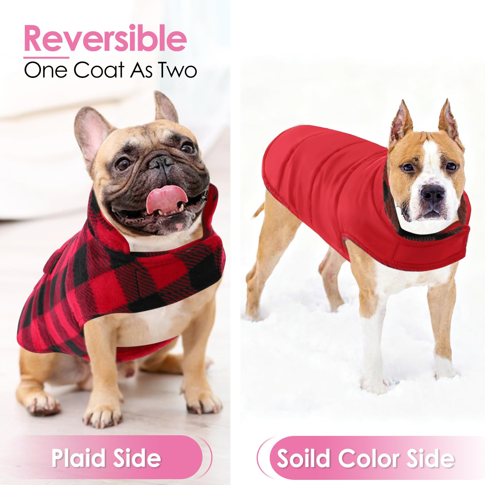 AOFITEE Abrigo para perros de invierno y Navidad para perros grandes con protección abdominal y bolsillos, abrigo de invierno cálido para perros con orificio para arnés, diseño a cuadros, ropa para