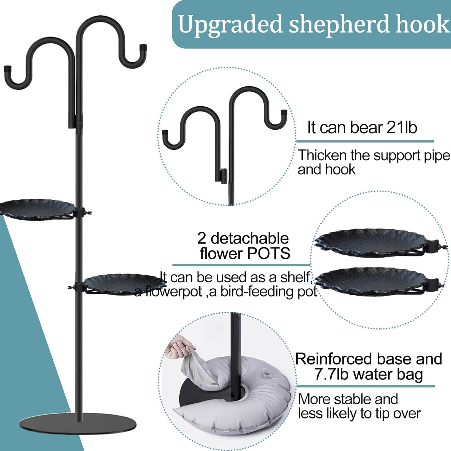 Upgraded 74" Shepherd's Hook Stand plant，Bird Feeder，Wind Chime Hanger Stand, （2 Placement Racks