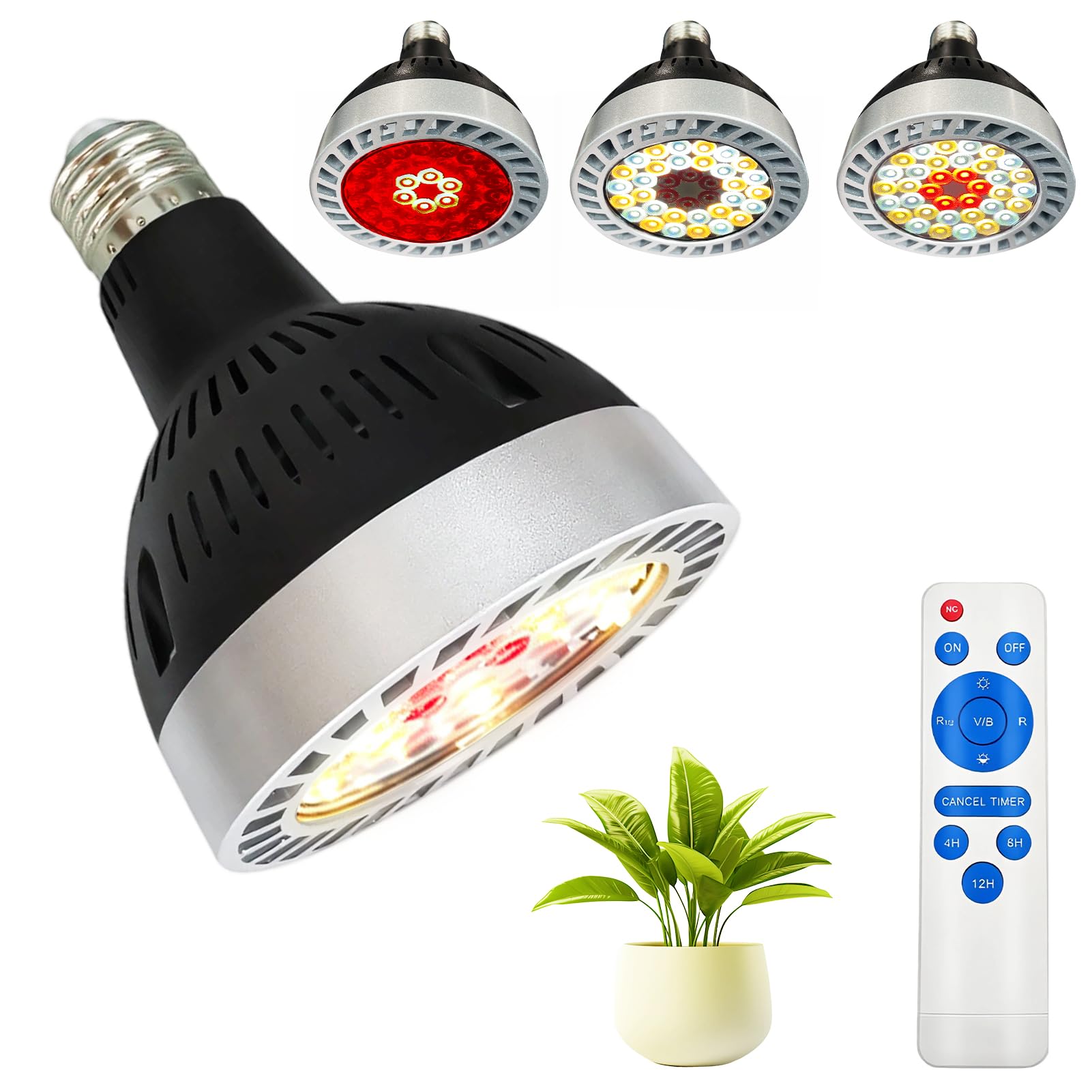 JKOKPMG Grow Light Bulb,19W Full Spectrum LED Grow Light for Indoor Plants,Dimmable LED Grow Light for Growing Succulents Herbs and Cactus, Germination of Seedlings,E27, Timer 4/8/12Hrs(One Bulb)