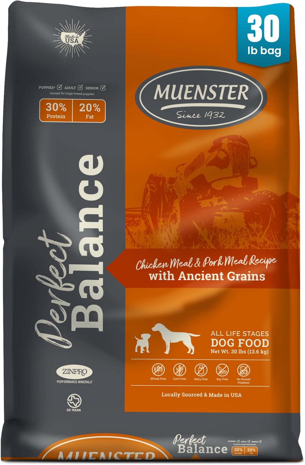 Muenster Perfect Balance Chicken & Pork Meal w/Ancient Grains Dog Food (30lb) - Gluten Free Dry Dog Food– Non-GMO Sensitive Stomach Dog Food - Balanced Dog Kibble for All Breeds & Life Stages
