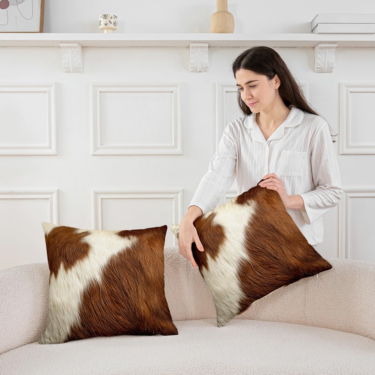 (Not Real) Cow Print Pillow Covers White Brown Cowhide Throw Pillow Covers 20x20 Set of 4 Cow Fur Decorative Pillow Covers for Outdoors Bed Sofa Farmhouse Wild Animal Skin Print Cushion Covers