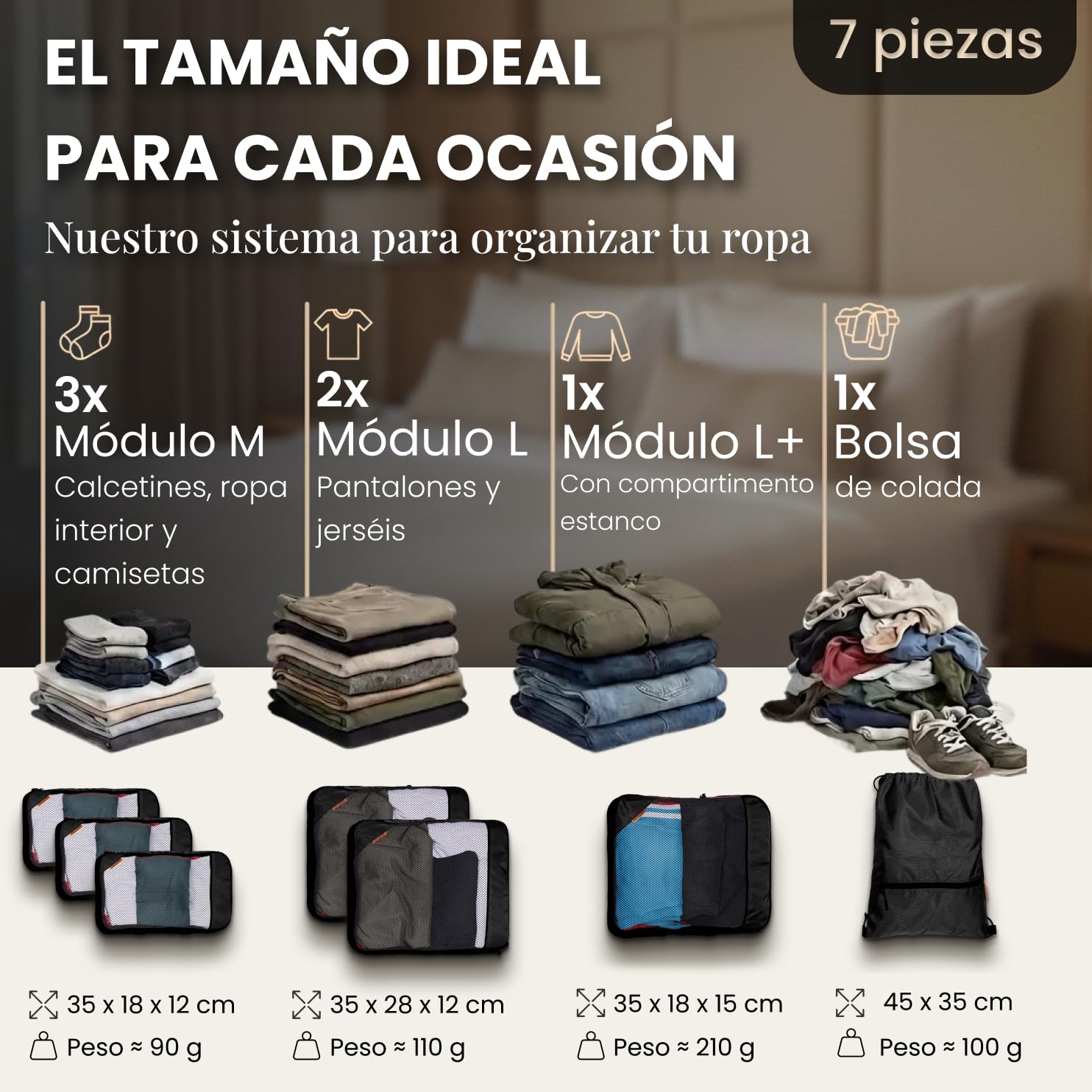 LOONARA Bolsas de compresión para maletas y mochilas [7 piezas] - Cubos compresibles, organizadores de equipaje, bolsas de viaje, accesorios para acampada y senderismo (Pizarra Alpina - Gris)