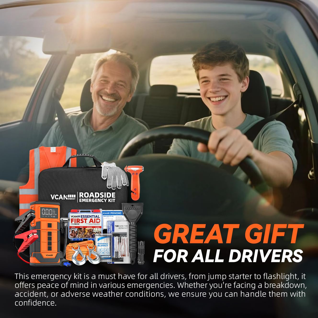 Jump Starter with Air Compressor, VCANENERGY Roadside Emergency Car Kit with 12V Portable Battery Jump Starter & Tire Inflator for Cars, Trucks, SUVs-Car Emergency Kit for Women, Men, Teen