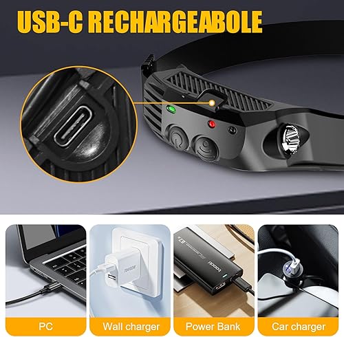 Miniatura 7 de launary Linterna frontal recargable 2 unidades, lámpara LED con sensor de movimiento para adultos, accesorios de campamento, linterna impermeable