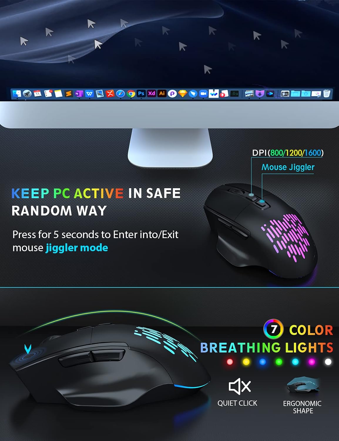 Wireless Keyboard and Mouse Backlits, Wrist Rest, Jiggler Mouse, Rechargeable Ergonomic Keyboard with Phone Holder, Silent Light Up Combo for Computer, Mac, PC, Laptop, Chromebook -by SABLUTE
