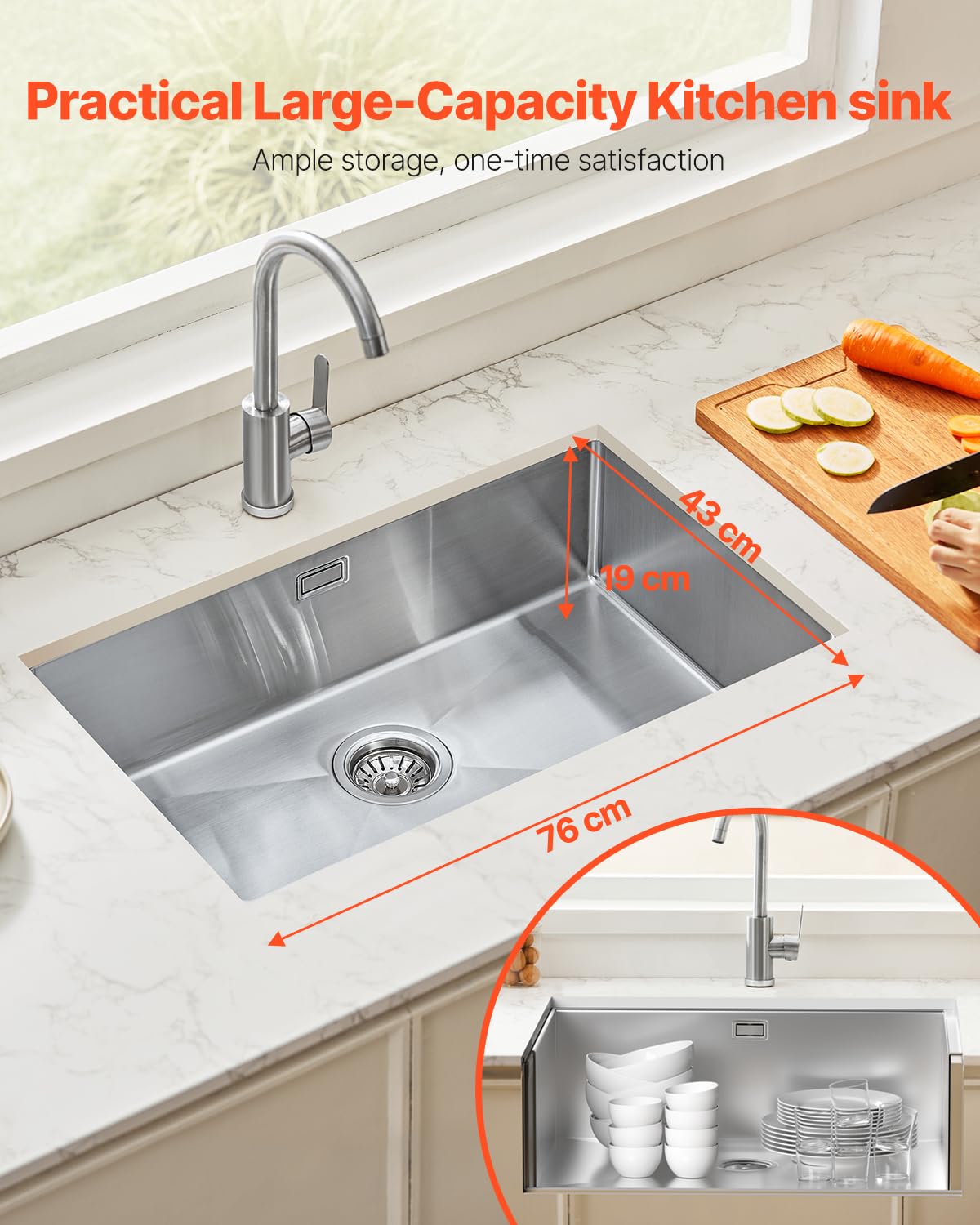 VEVOR Fregadero de Cocina bajo Encimera Acero Inoxidable 304, Lavabo de Granja de Un Solo Tazón con Accesorios, Fregaderos de Lavavajillas Domésticos para RV, Cocina de Preparación, 760 x 430 x 190 mm