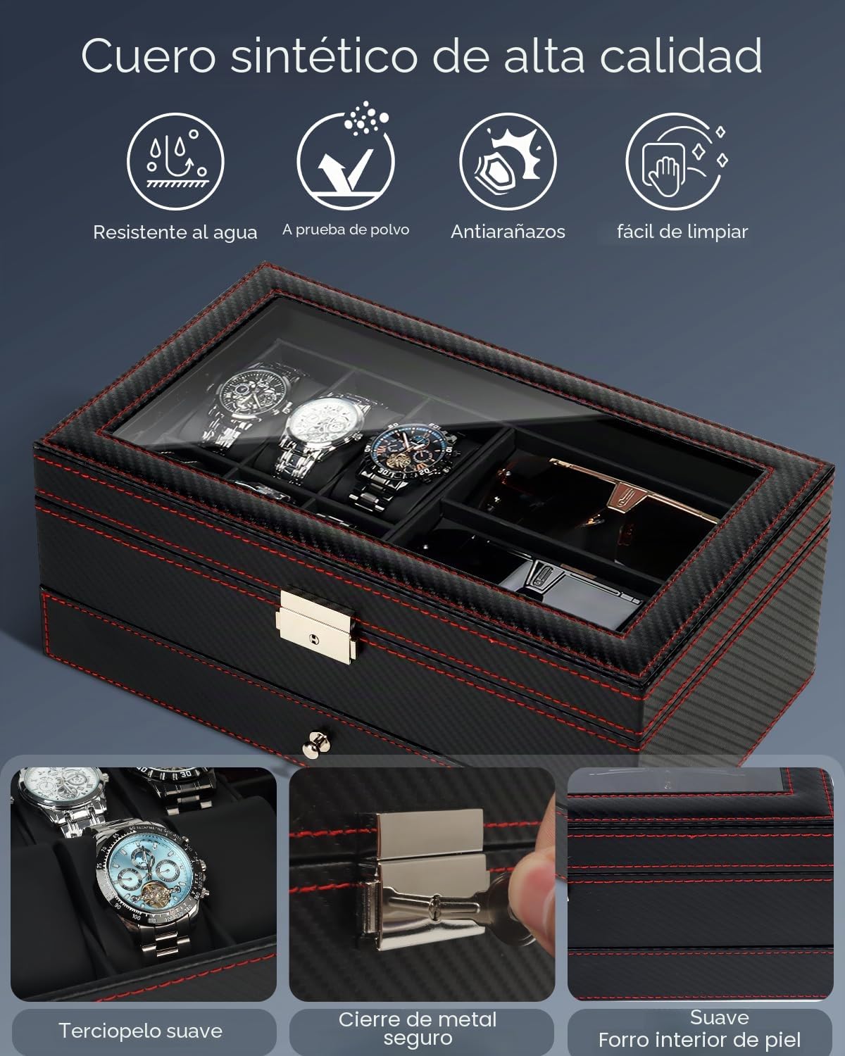 Caja para relojes y gafas de sol con tapa de cristal – Joyero para hombres, 6 compartimentos, 2 niveles, estuche para relojes con cerradura, caja de almacenamiento y exhibición – Regalo para hombres y