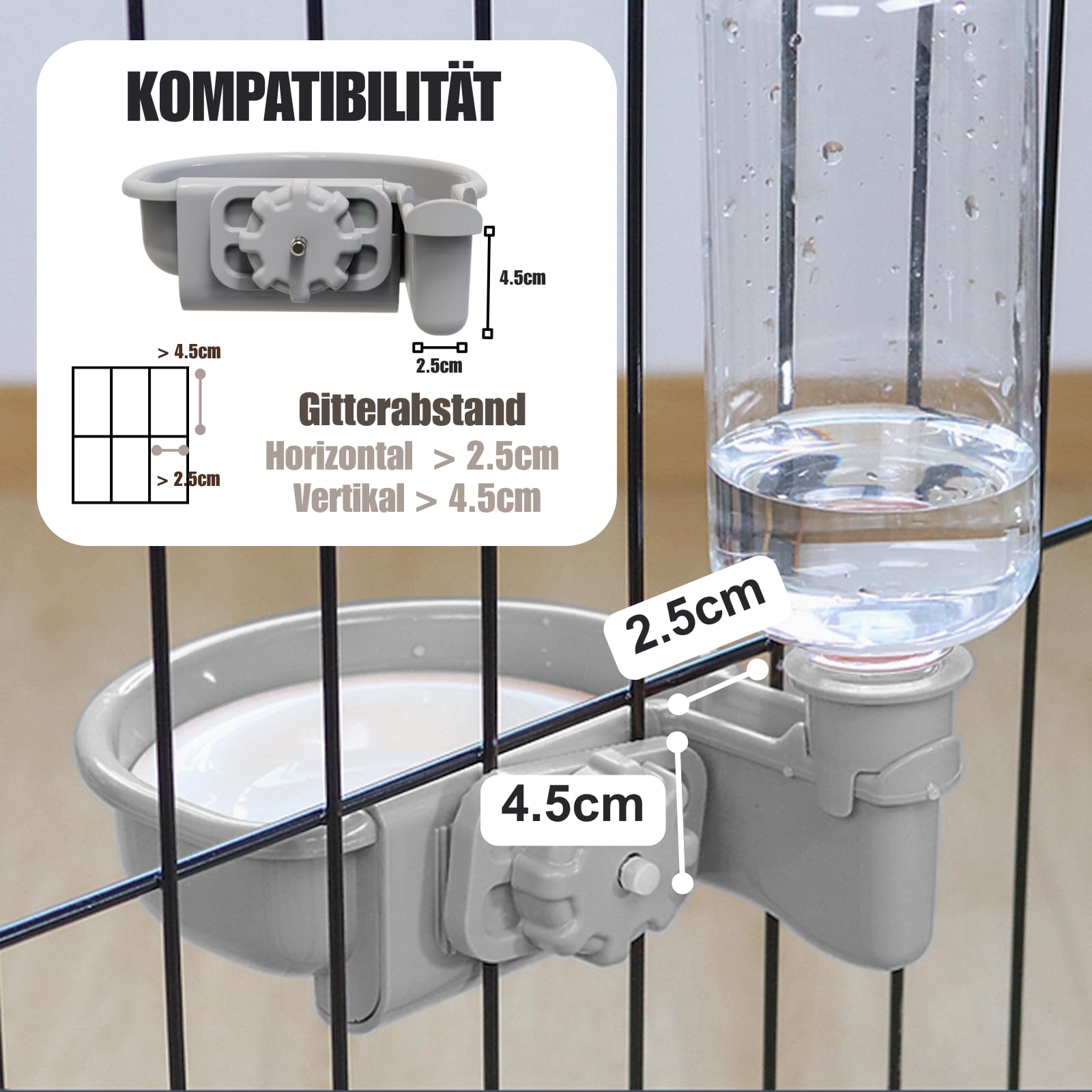 Wasserspender Hund für Käfig, 480ml trinkflasche Hunde Automatischer und Anti-Überlauf, Haustier Trinkbrunnen für Hunde Katzen und Kaninchen (Grau)