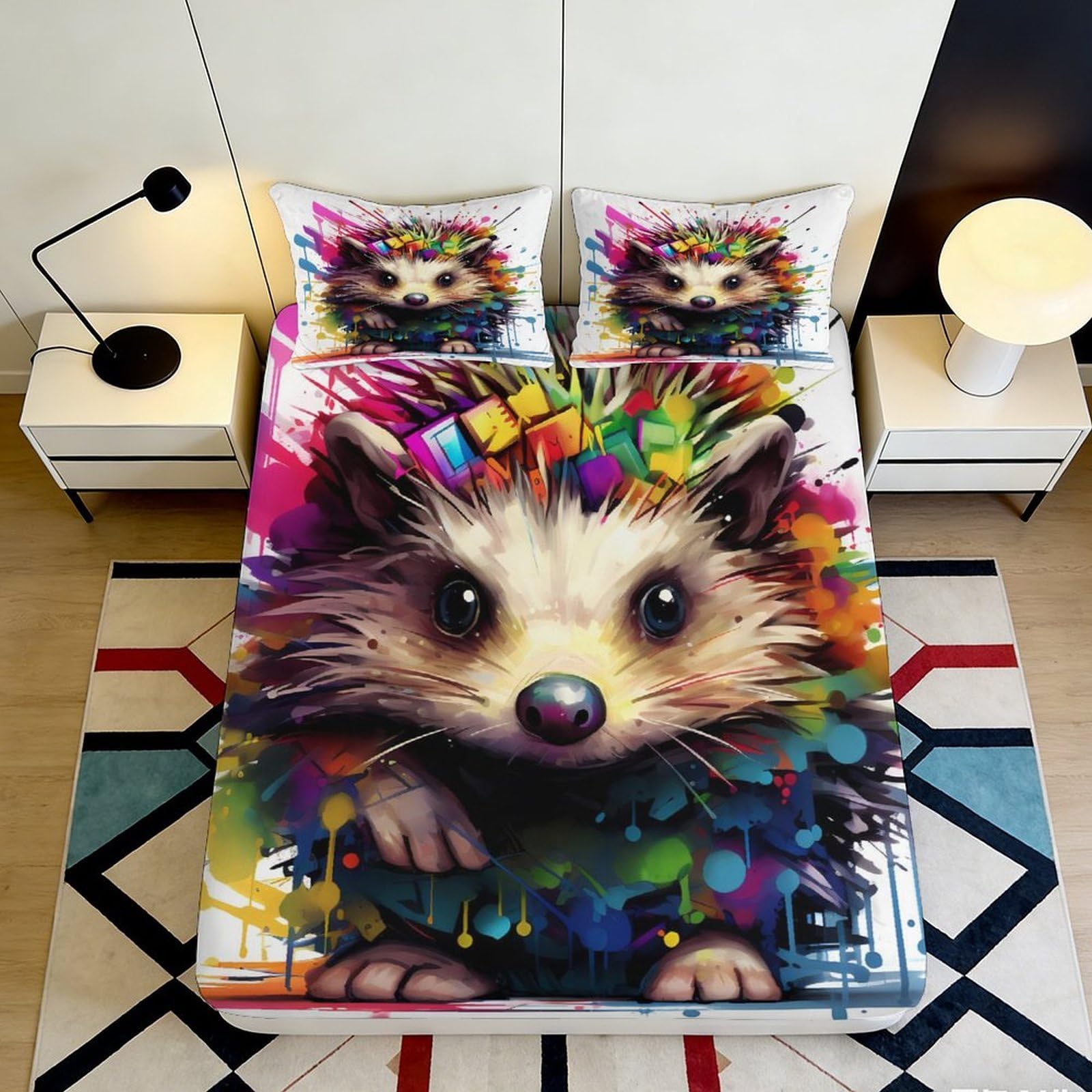 3D Printed Colorful Hedgehog Fitted Sheet Microfiber Soft Anti-Slip Artistic Mattress Cover for Bedroom Dorm Decor 140x200x25cm