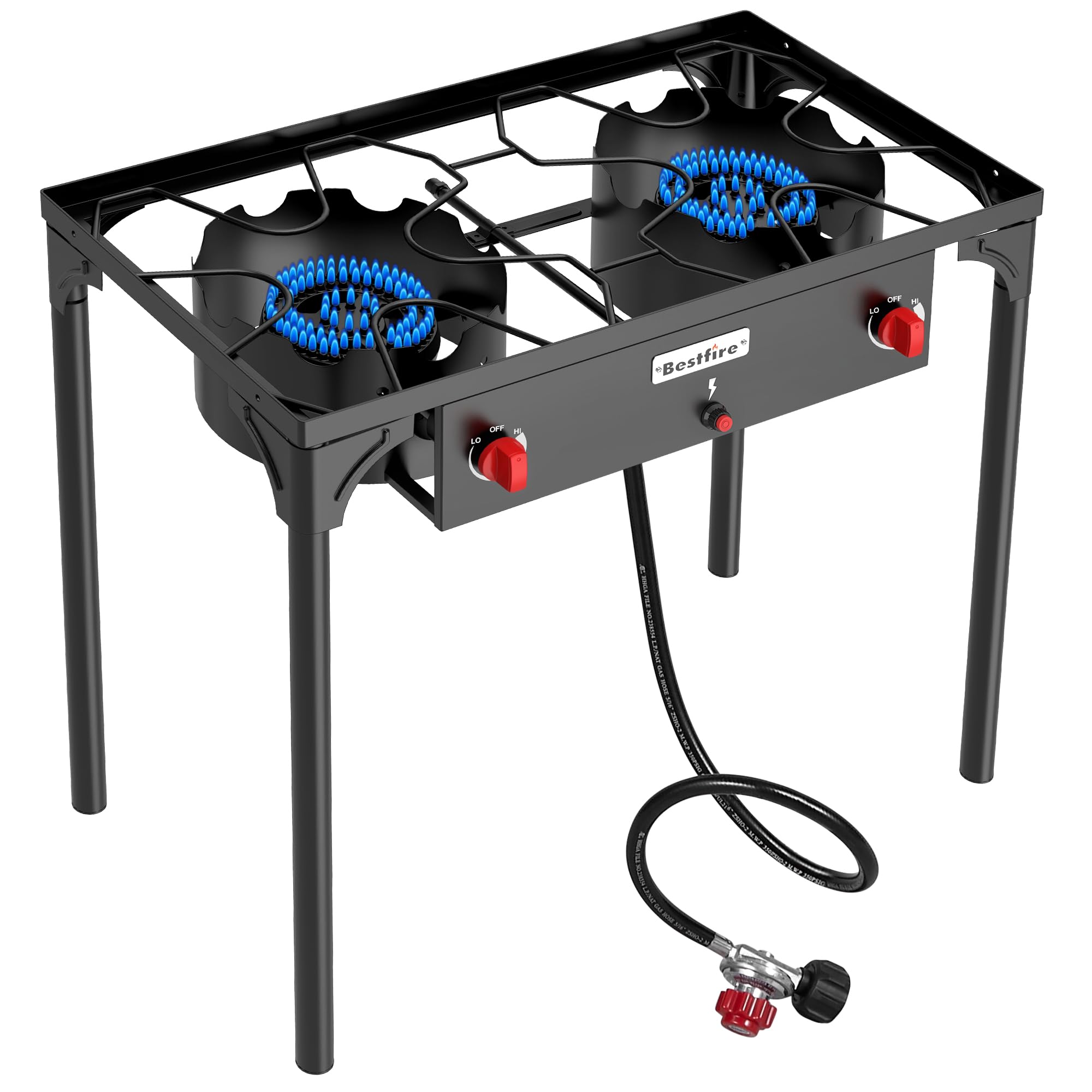 BESTFIRE 2 Burner Camping Stove,150,000 BTU High Pressure Outdoor Propane,4ft 20 PSI Adjustable Regulator Hose With Removable Legs for Backyard Cooking Camping Home
