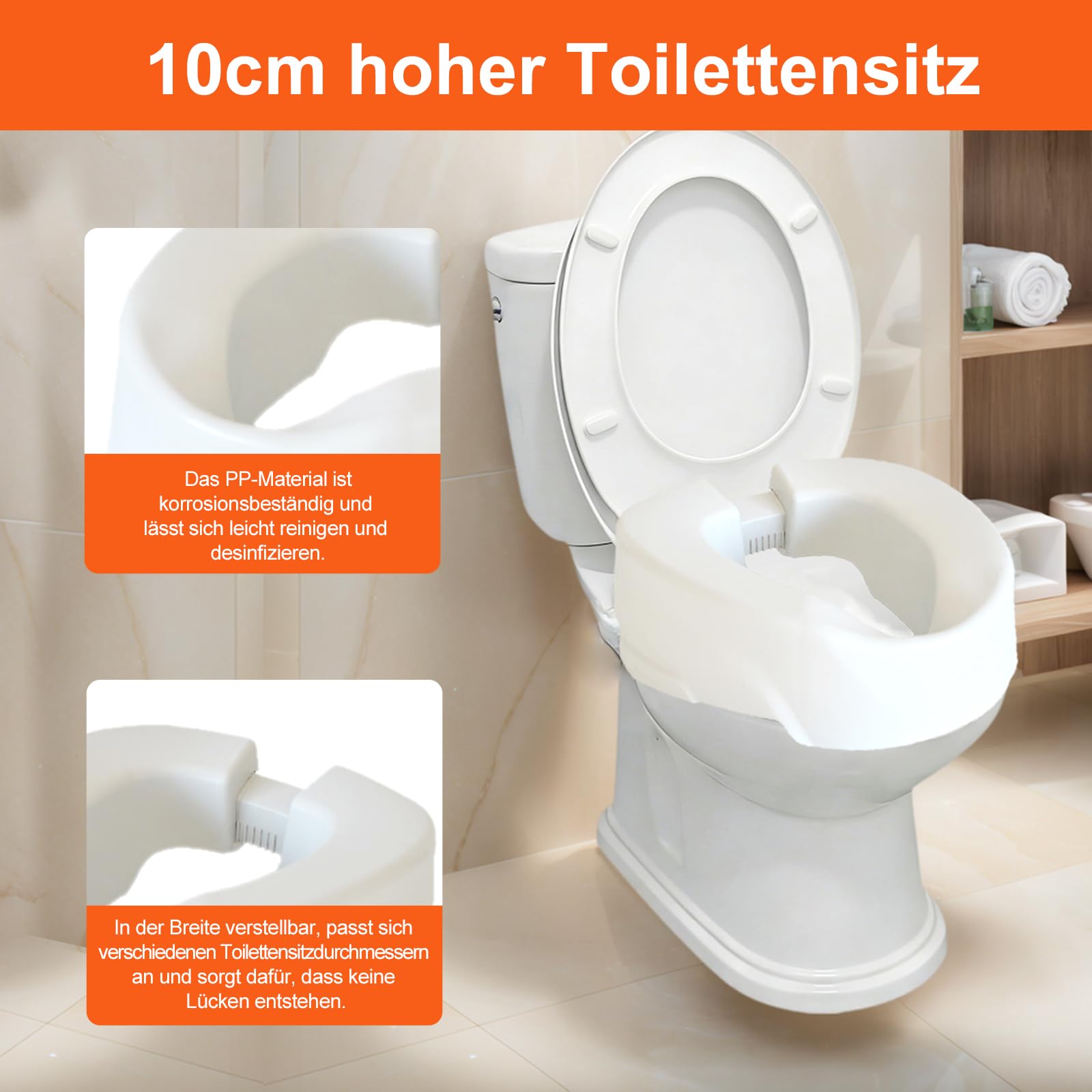 Sedile WC con larghezza regolabile, 10 cm, portata 150 kg, bianco, per disabili, pazienti, donne incinte
