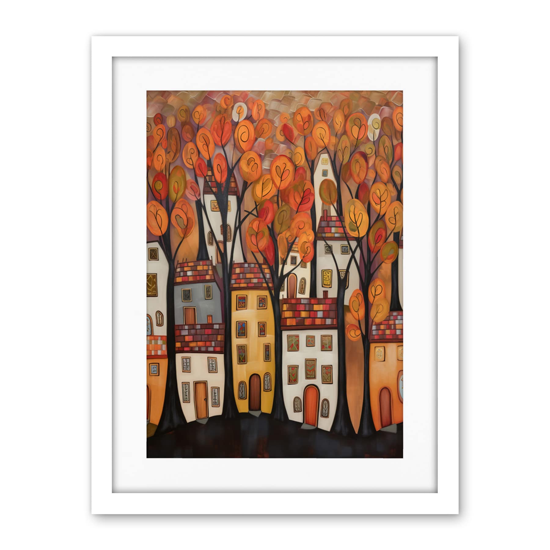 Artery8 Cityscape With Trees In Autumn Contemporary Folk Art Painting Artwork Framed Wall Art Print 18X24 Inch