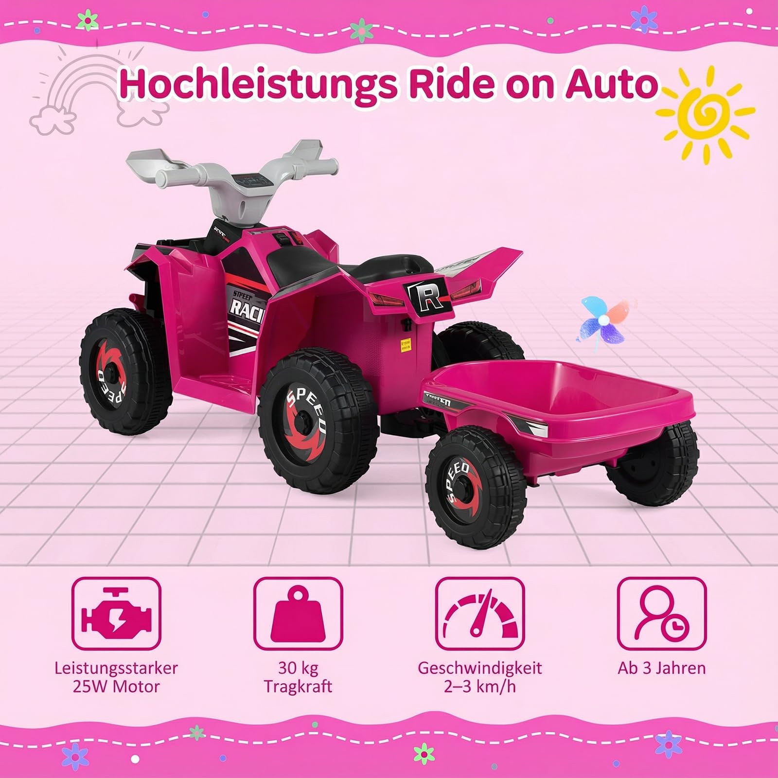 COSTWAY 6V Elektro Kinder Quad, Kinderquad mit abnehmbarem Anhänger, 2-3 km/h, Elektroquad mit Scheinwerfer, Vorwärts-& Rückwärtsfunktion, Mini Elektroauto ATV für Jungen & Mädchen ab 3 Jahren (Rosa)
