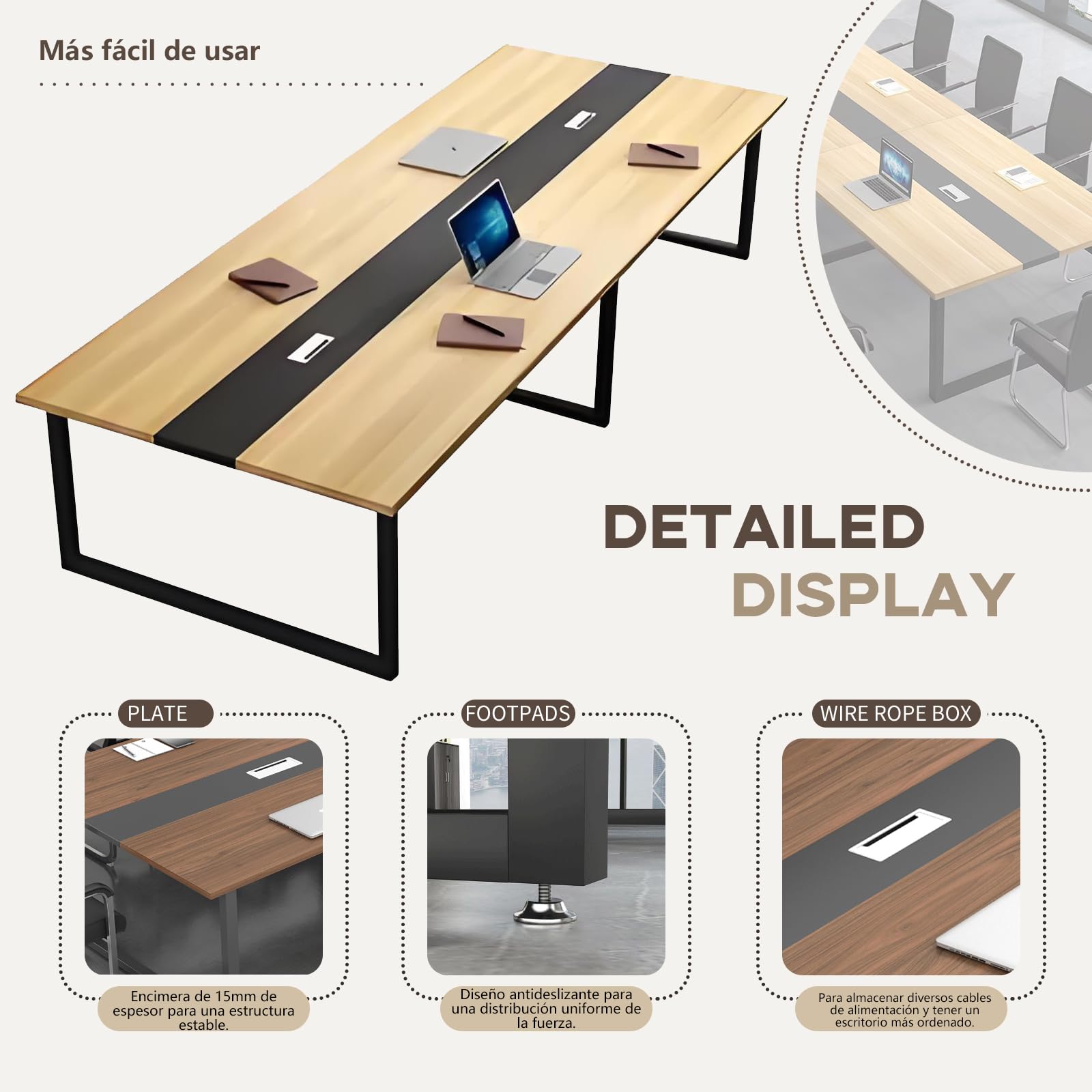 Mesa de Conferencias Grande – Mesa de Reuniones Moderna para Oficina con Pasacables,Estructura Metálica Robusta,Diseño Rectangular Negro-Blanco para 8–12 Personas (sin sillas)