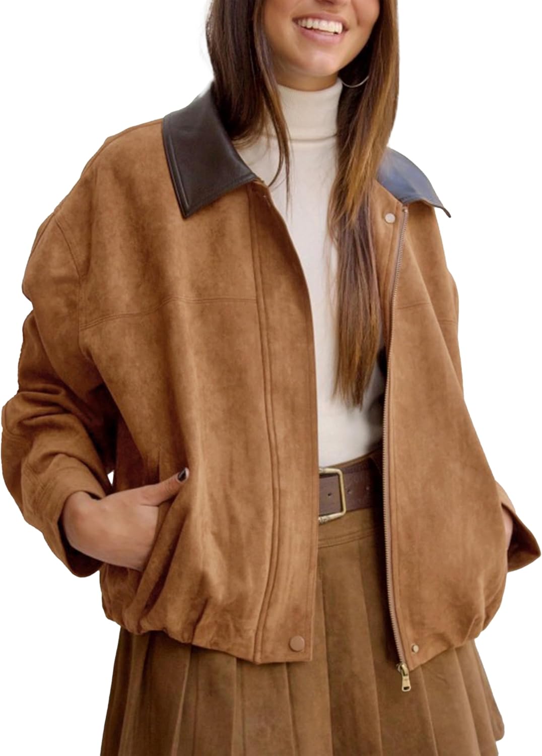 Womens Faux Suede Bomber Jacket Casual Lapel Pilot Cropped Jackets Oversized Motorc...