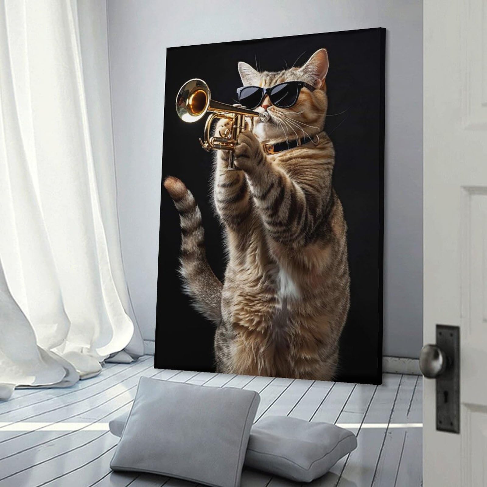 Junmoney American Shorthair Trumpet Canvas Art Print 24x36inch(60x90cm), for Bedroom Decor, Cosy Corners Or Studios, An Easy Wall Refresh for Bedrooms