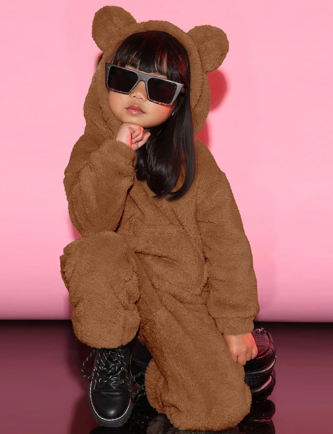COZYPOIN Girls Fuzzy 2 Piece Outfits Sweatsuit Warm Bear Ear Fleece Hoodie Sweatshirt and Pants Cute Kids Clothing Sets