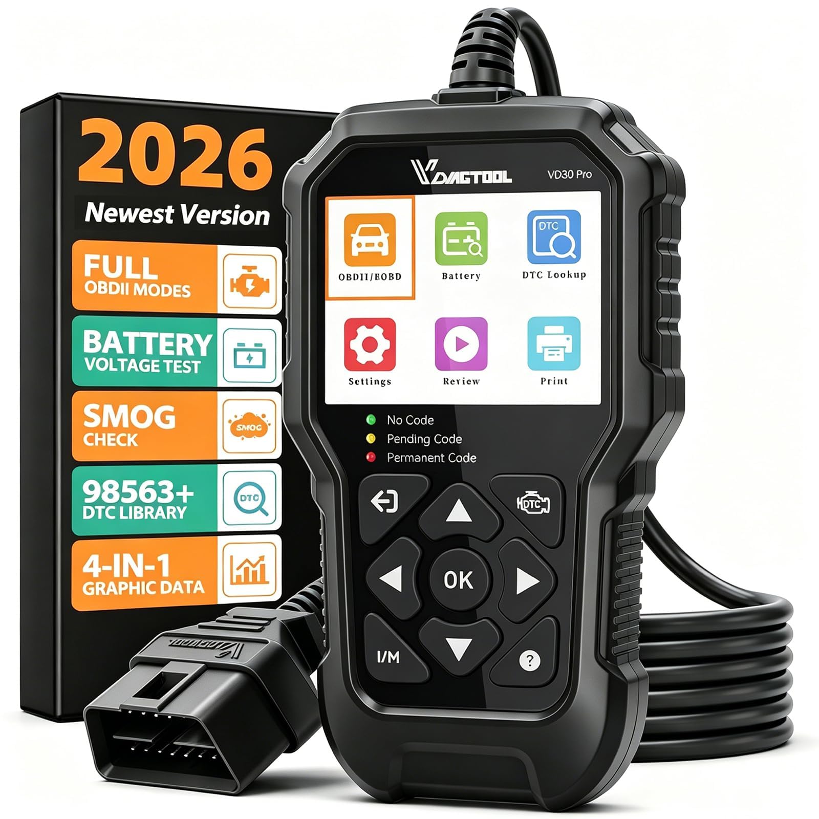 OBD2 Diagnosegerät VDIAGTOOL VD30 Pro, Diagnosegerät Auto für OBD Fahrzeuge, EOBD Motor Auslesegerät Auto Mit OBDII Funktionen, Kfz OBD-Scanner Adapter Werkzeuge, Fehlerauslesegerät für Alle ODB2 Kfz