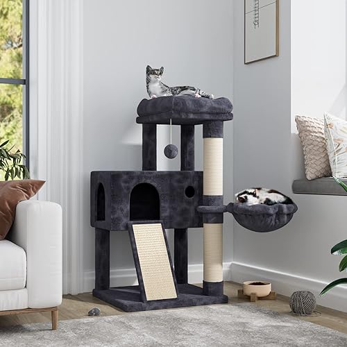 IMUsee Árbol para gatos de 36 pulgadas con postes rascadores de sisal, tabla de rascar, bola de felpa y casa media, muebles de torre para gatos,