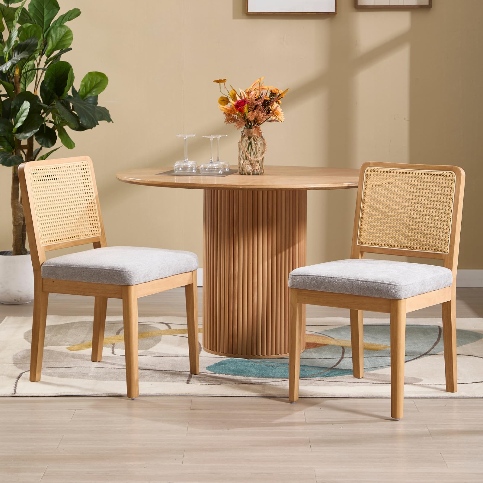 DAYALANE Dining Chairs 2PCS,Rattan Backrest&Wood Frame,Linen Grey