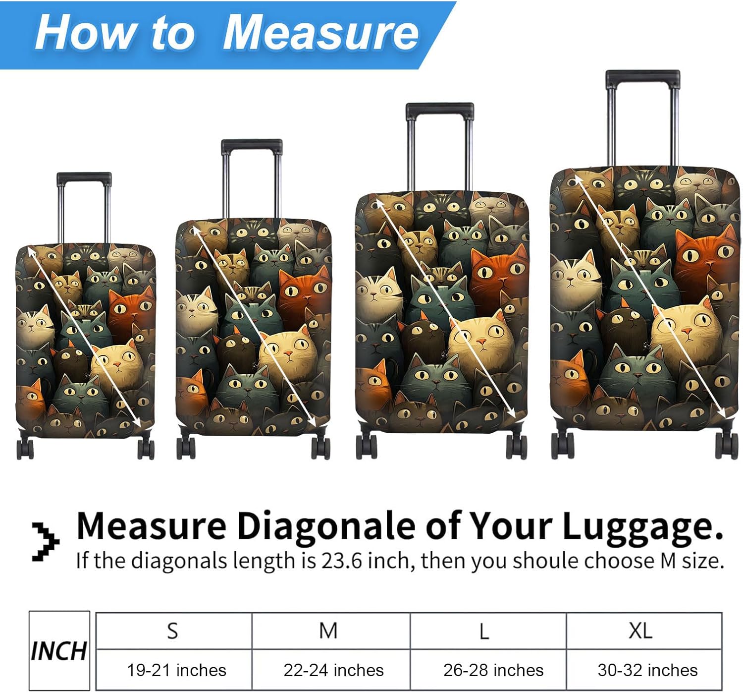 Luggage Cover Protector for 22-24 Inch Suitcases, TSA Approved Elastic Travel Suitcase Covers, Anti-Scratch Washable Luggage Sleeve for Carry On & Checked Bags, Cartoon Cats Pattern