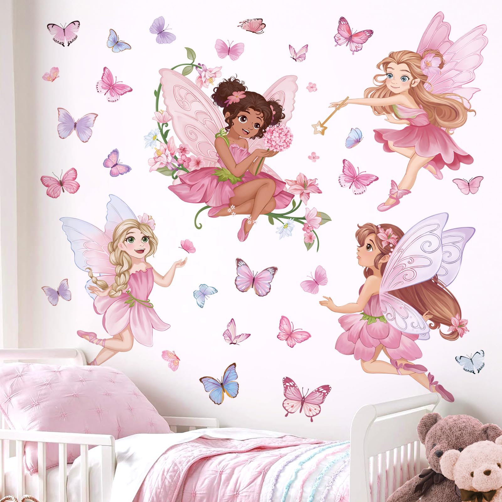 wondever Pink Fairy Girls Wall Stickers Elves Flower Butterfly Peel and Stick Wall Art Decals for Girls Bedroom Baby Nursery Kids Room
