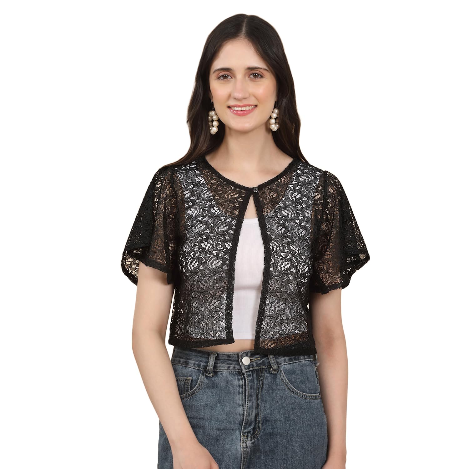 Women's Black Cotton Blend Crochet Shrug | Open Front Short Cape Shrug | Flared Half Sleeve Casual Layering Jacket for Women-image-29