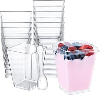 SHOPDAY 5 oz Plastic Dessert Cups with Lids 100 Pack Small Clear Square ...
