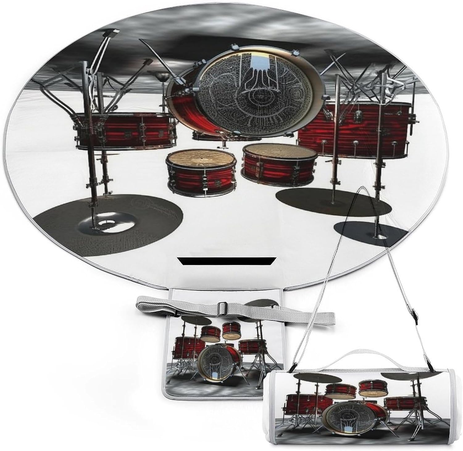 Cool Drum Set Round Outdoor Picnic Mat Foldable Waterproof Beach Camping Blanket Outdoor Rug with Sponge Padding