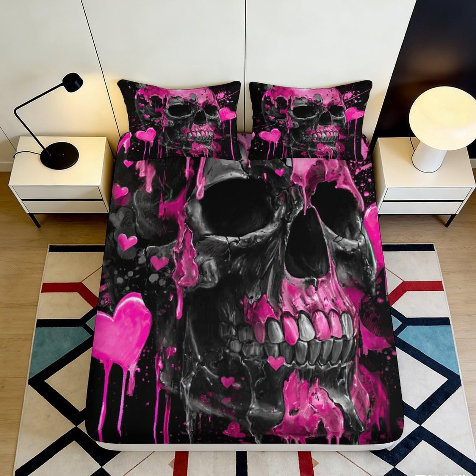 3D Printed Pink Skull Fitted Sheet Microfiber Soft Breathable Graffiti Heart Mattress Cover for Bedroom Decor 90x200x25cm