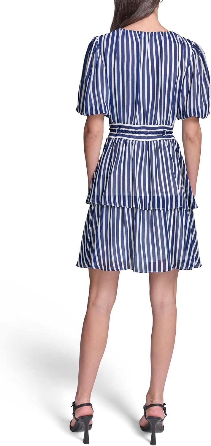Karl Lagerfeld Women's Short Sleeve V Neck Stripe Chiffon Fit and Flare Rope Belt Dress