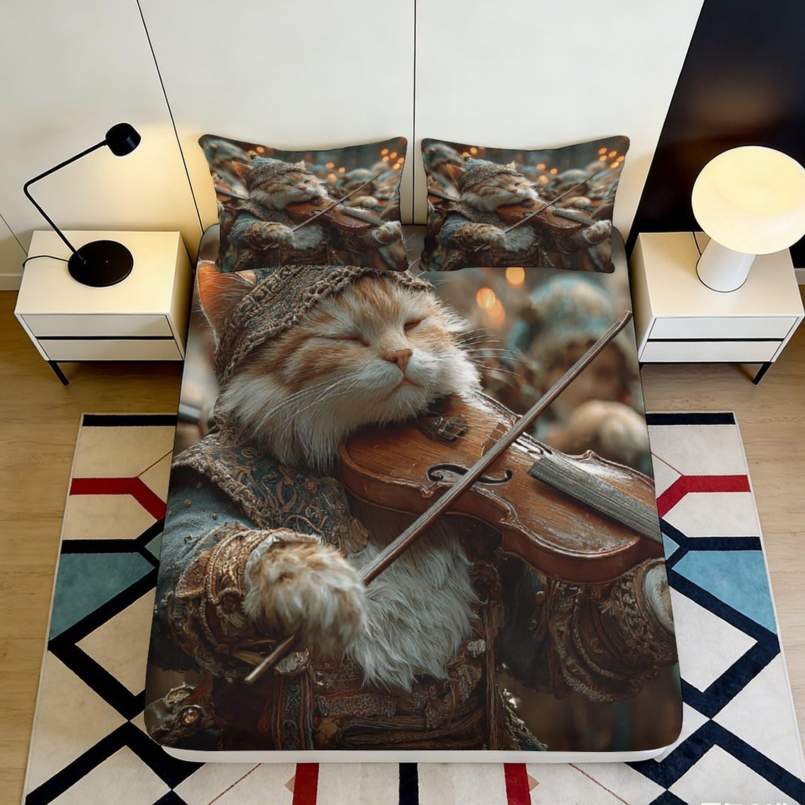 Pnayamiorkfel Style-2 3D Printed Cat Playing Violin Fitted Sheet Microfiber Soft Anti-Slip Mattress Cover For Bedroom Dorm Room Decor 90X200x25cm