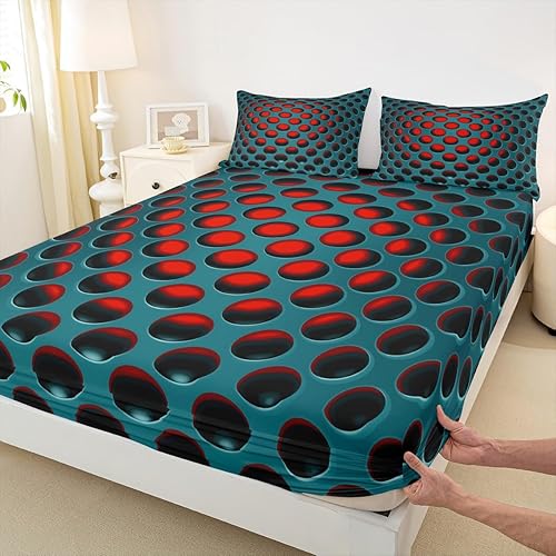 Miniatura 6 de Erosebridal Juego de sábanas bajeras geométricas de colmena hexagonal de panal verde y rojo, con luces de neón, con agujeros densos estereoscópicos,