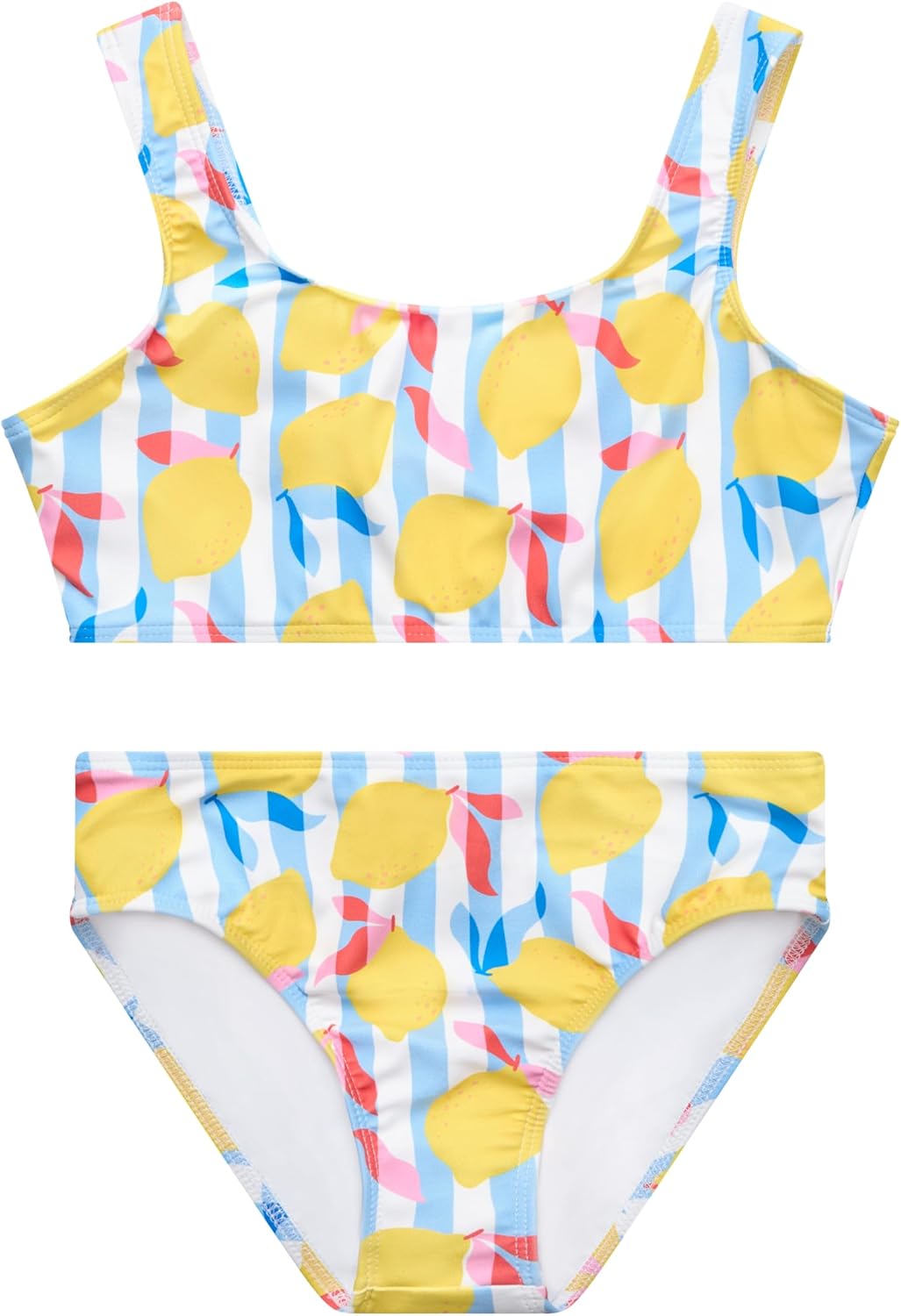 Destira 2-Piece Girls Bikini Set, Make Lemonade - Lemons on Blue Striped Background Swimsuit